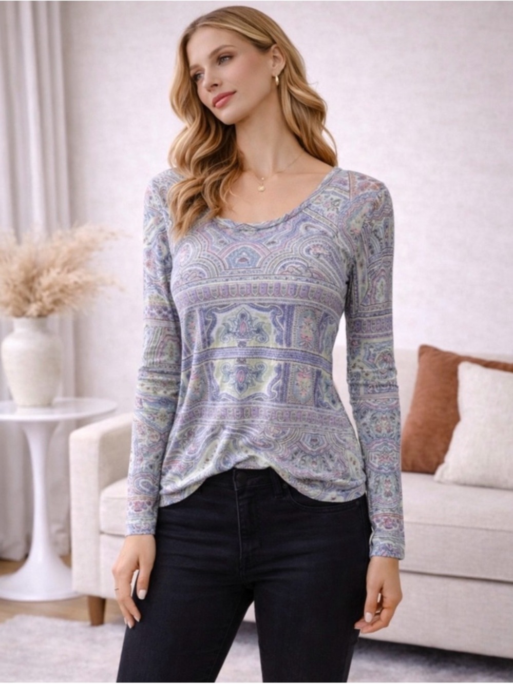 BCBGMAXAZRIA Paisley Long Sleeve Top – Size S | Soft Modal Blend